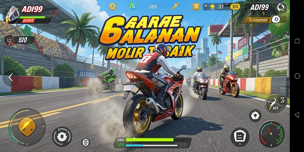 Tampilan gameplay seru ADI99 saat balapan motor.