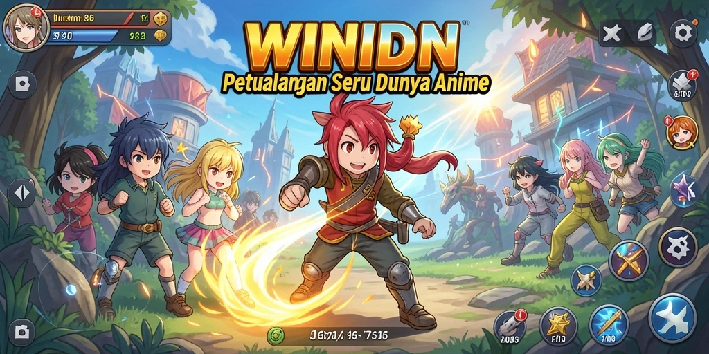 Screenshot gameplay dari WINIDN menunjukkan karakter anime yang sedang bertarung.